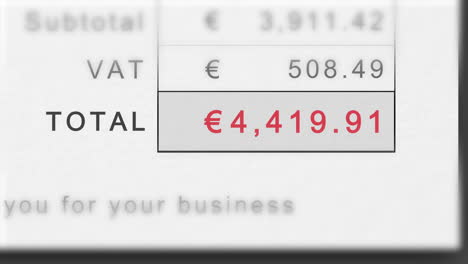 static animation of a growing invoice total in euros with vat