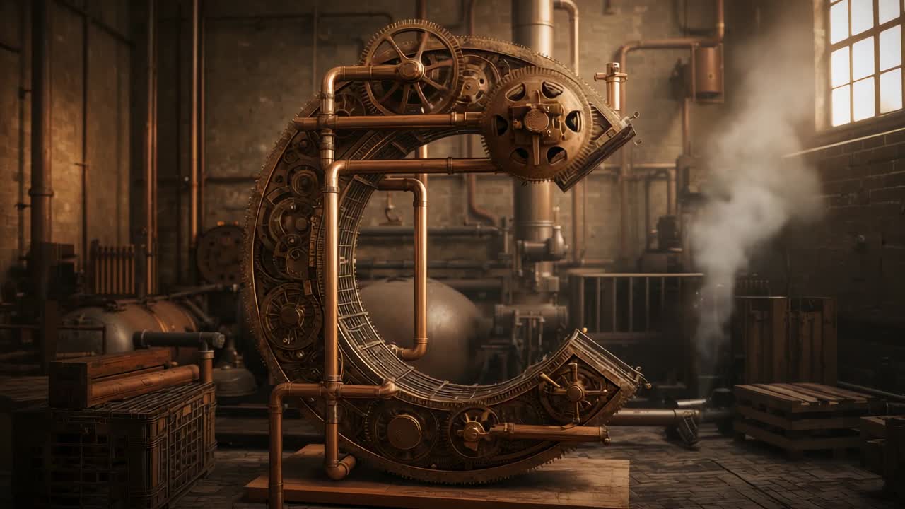 Opening steam valve causing gear assembly rotating in Victorian era workshop, engaging drive gears