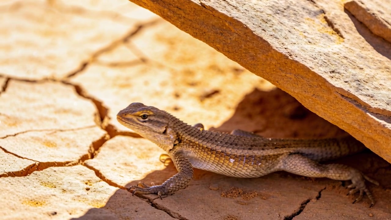 Piccola lucertola del deserto che emerge, spostandosi da una lastra di roccia ombreggiata su argilla screpolata baciata dal sole, mentre il sole si fa più caldo.