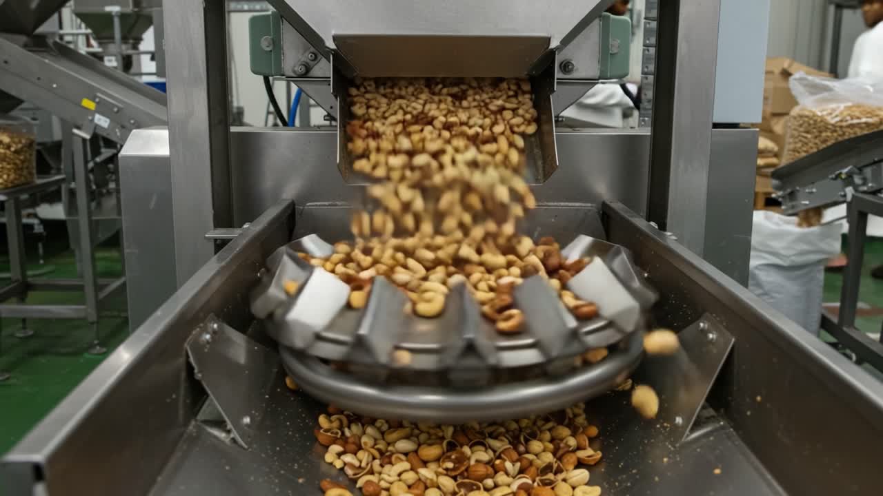 Automated Production Process of Mixed Nuts Showcased in Two Frames Demonstrating the Flow and Dispensing of Varied Nut Types in a Manufacturing Environment