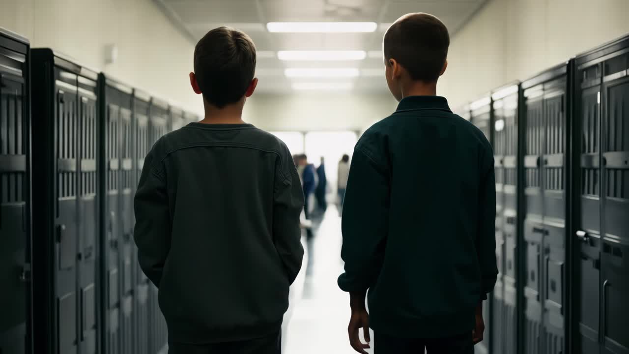 dos niños caminando por un pasillo de la escuela