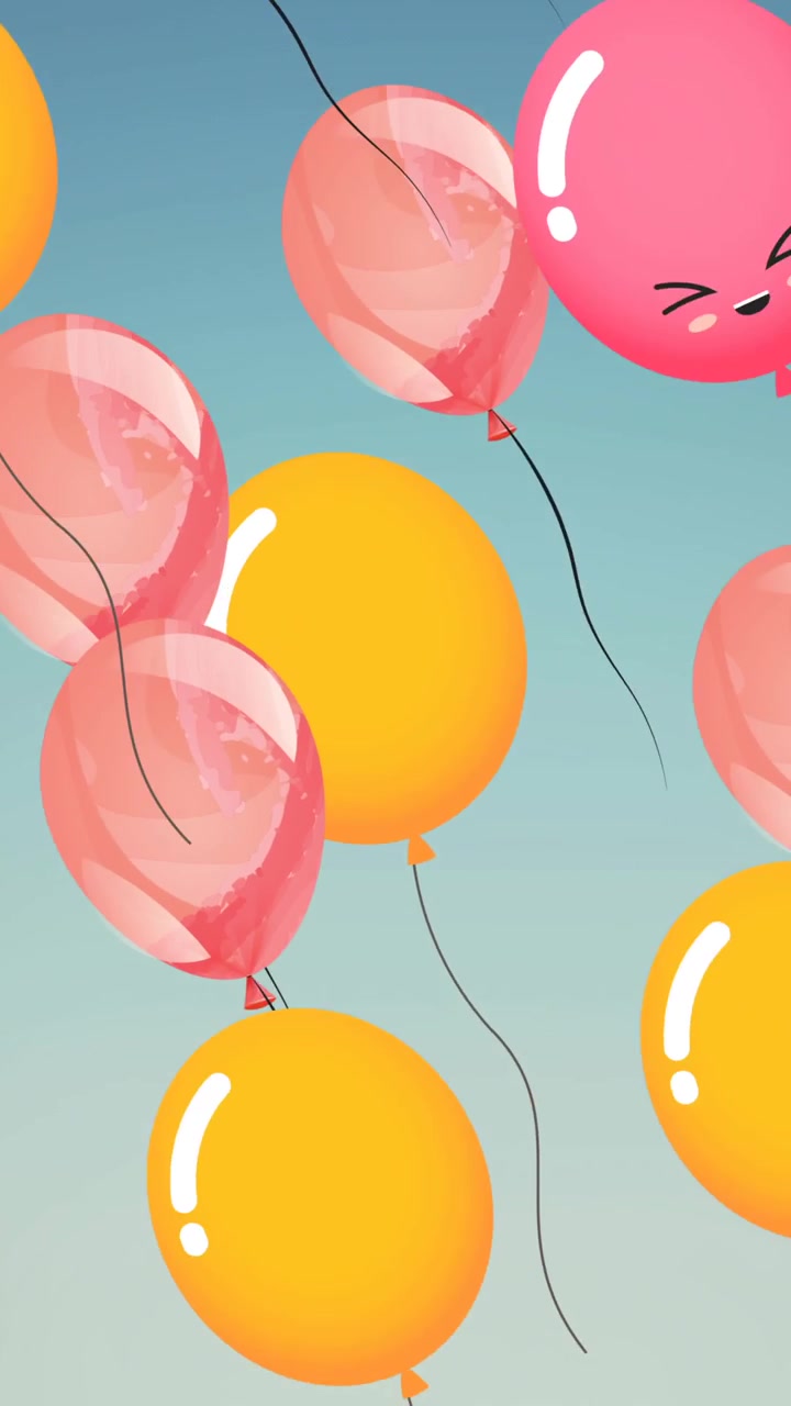 Animazione di palloncini colorati con faccine che volano su sfondo blu