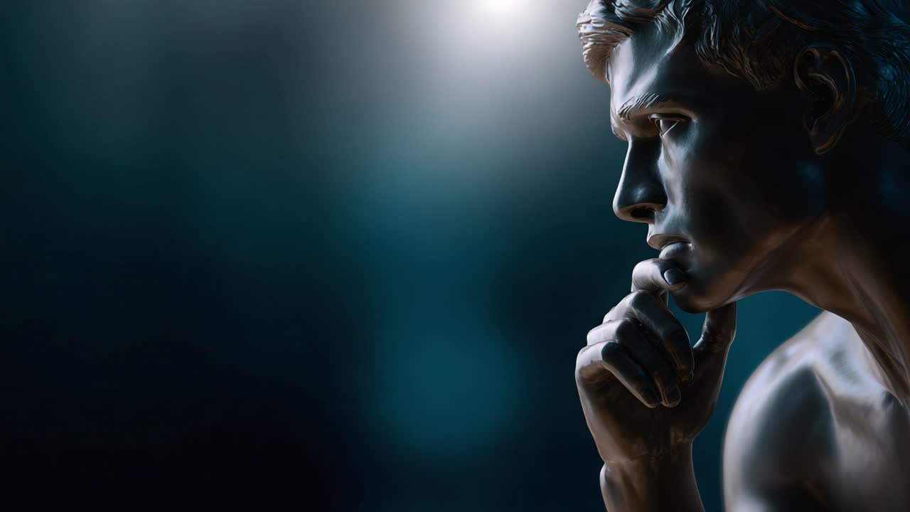 Contemplative Sculpture: A Close-Up of a Thoughtful Bronze Figure with a Pensive Expression, Capturing Emotion Through Light and Shadow Play in Artistic Form