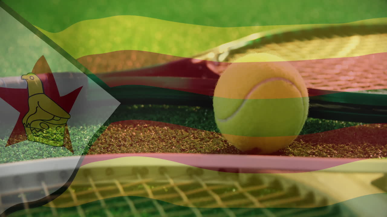 Tennis ball resting on grass court, featuring overlapping rackets with Zimbabwe flag overlay