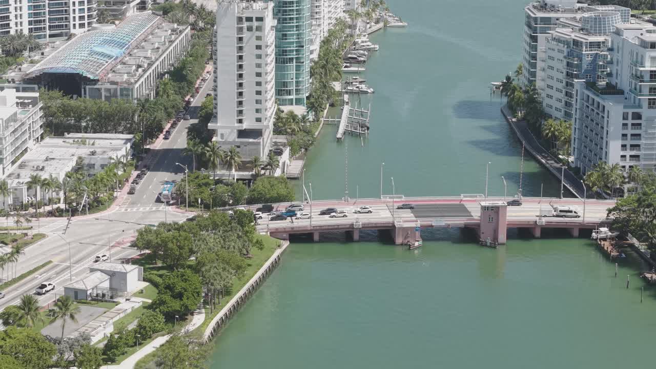 Miami Beach Florida USA, Drone Shot of Indian Creek and Beachfront Towers, Traffic and Buildings
