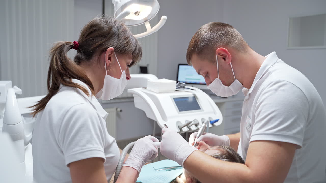 Dentist takes the device from a dental drilling machine. Stomatology professionals solving patient's dentistry problems.