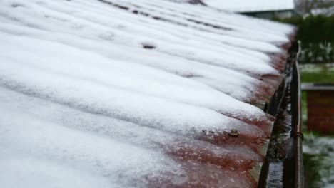 Water-flows-from-a-snow-covered-corrugated-iron-roof-into-a-gutter-on-a-historic-miner's-cottage