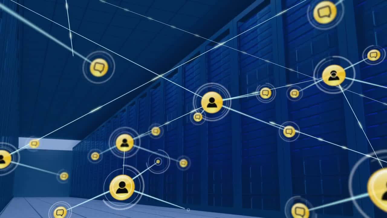 Animazione di una rete di connessioni ed elaborazione dati su server.