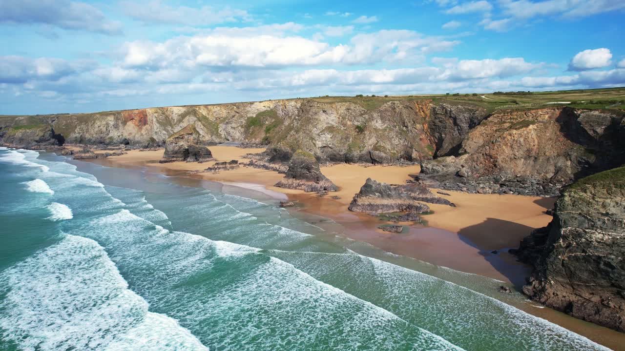 Scenic Views of Bedruthan Steps from an Aerial Drone Viewing the Cliffs and Beach