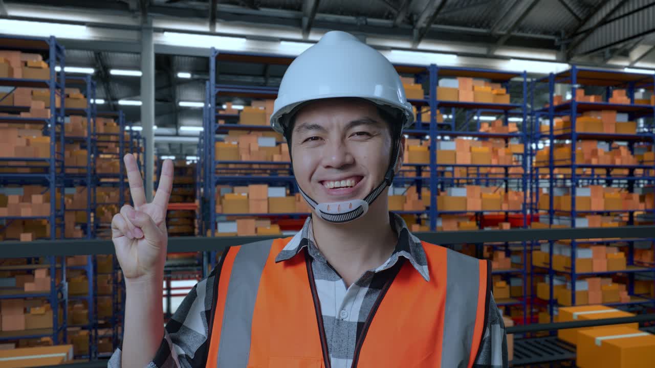 안전 헬을 입은 아시아 남성 엔지니어가 배달 물품으로 가득 찬 선반과 함께 창고에 서서 미소 짓고 창고에서 평화의 몸짓을 보여줍니다.
