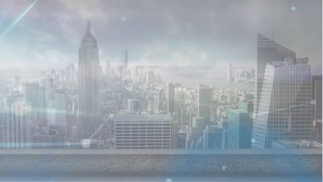 animation of network of connections over cityscape and sky with clouds