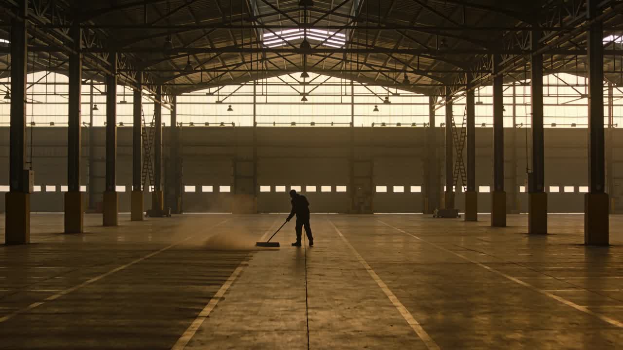 Operaio che inizia il turno, in tuta da lavoro, pulisce la giuntura centrale con una scopa larga all'interno di un hangar, con la polvere che si alza.