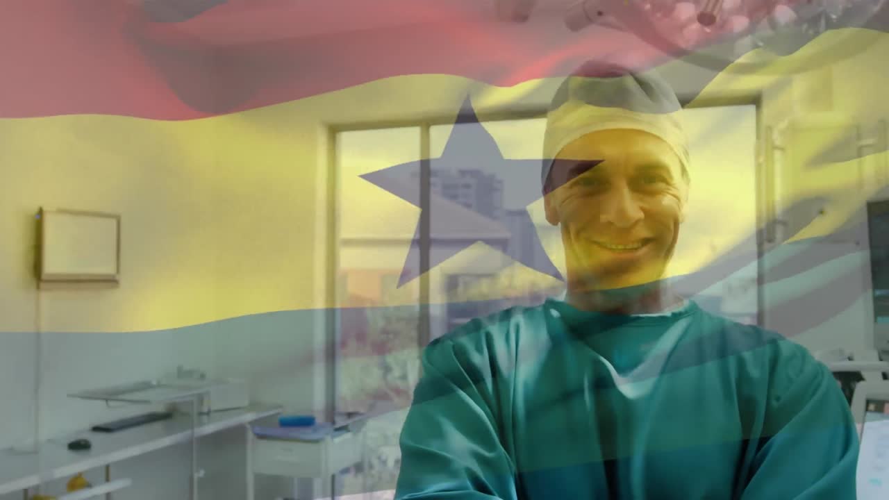 Animazione della bandiera del Ghana che sventola sopra un anestesista in sala operatoria