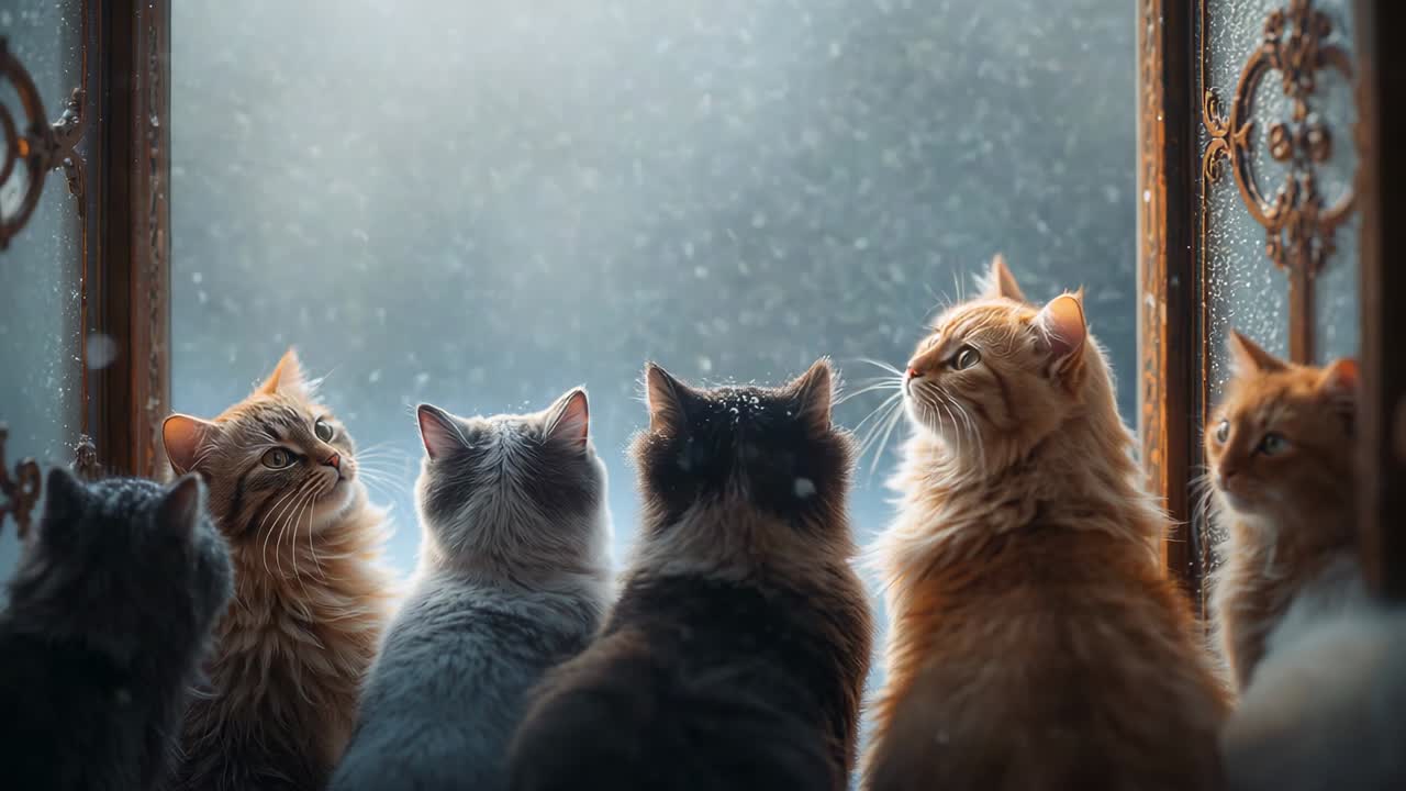 Reacting to snowflakes, six cats on home wooden windowsill by window grille watching snowfall