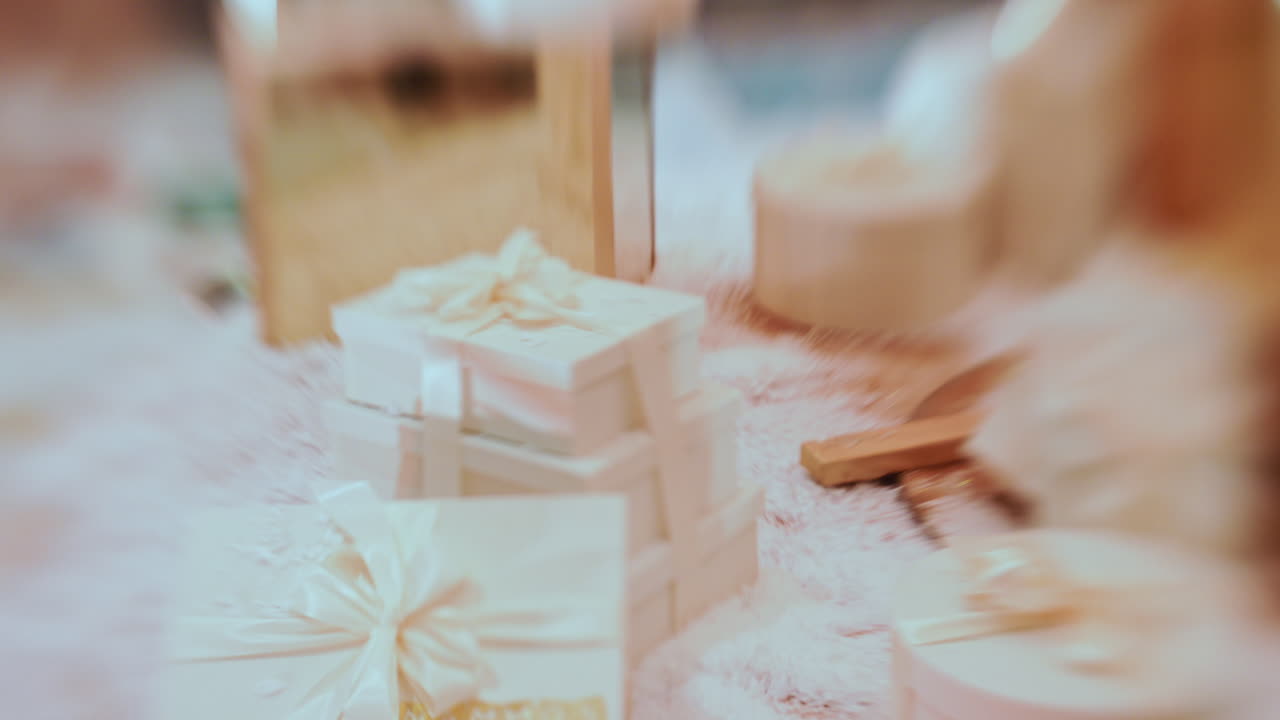 Primer plano de cajas de regalo blancas envueltas con cintas dispuestas sobre una superficie decorativa nevada, con iluminación ambiental cálida y accesorios festivos en el fondo