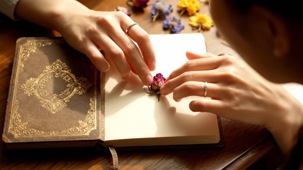 Hands arranging dried flowers in a notebook