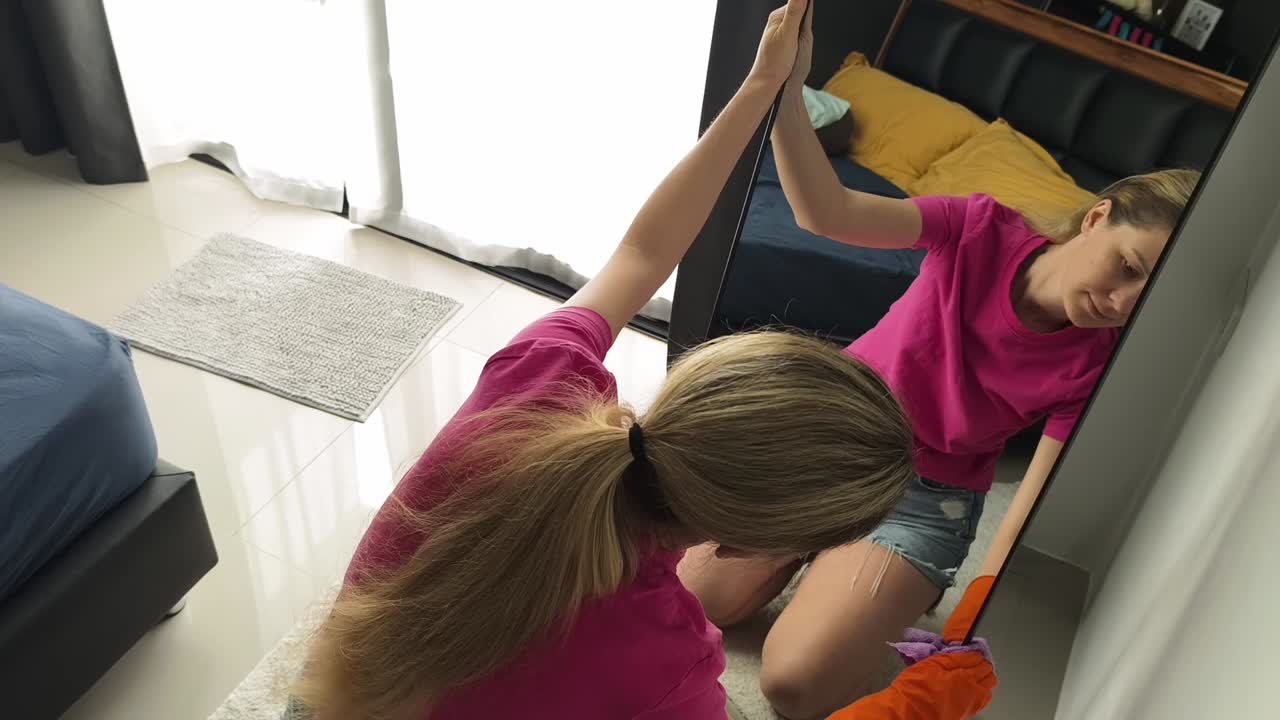 una mujer limpiando un espejo.