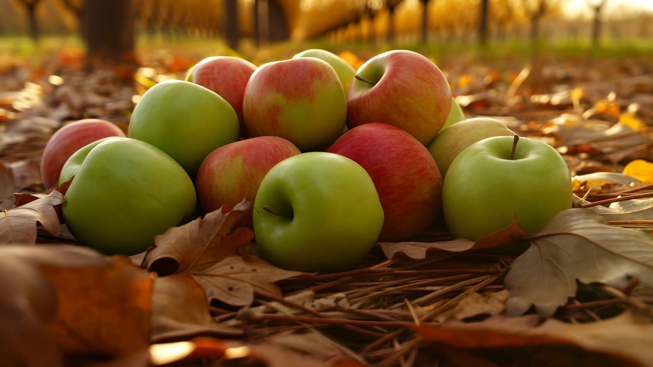 Pile Of Sunlit Apples On Fallen Leaves In Orchard, Golden Hour Glow And Long Shadows, Crisp Autumn Harvest