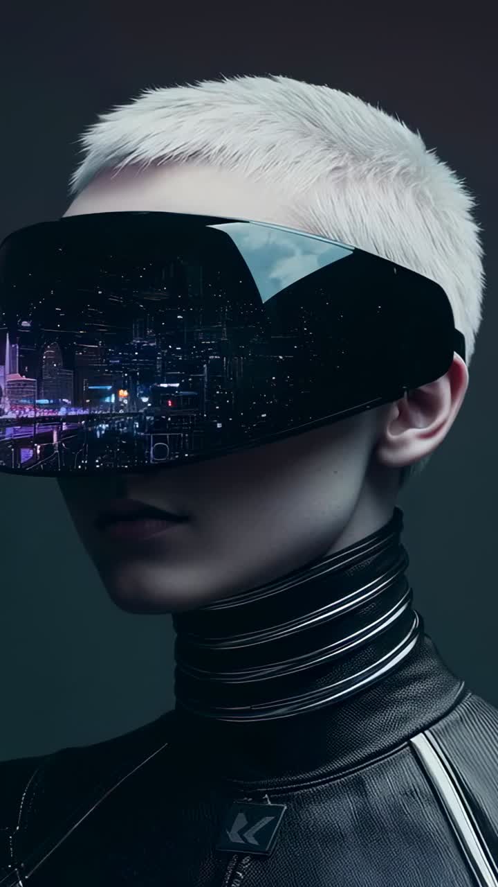 Vertical video: Reacting to camera, model in dark suit tilting head in studio, visor and neck rings