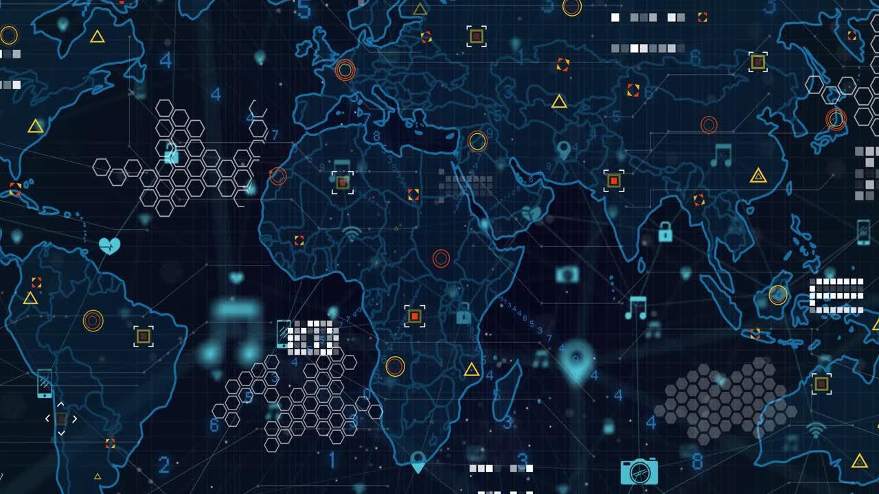 Opening neon-blue world map emerging while glowing numbers pulsing and icons linking data network