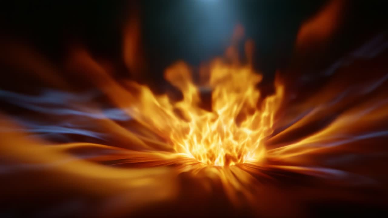 Dynamic Flames Erupting from a Fiery Core, Surrounded by Wisps of Smoke and Light, Capturing the Intensity and Energy of Fire in Motion and Colorful Display