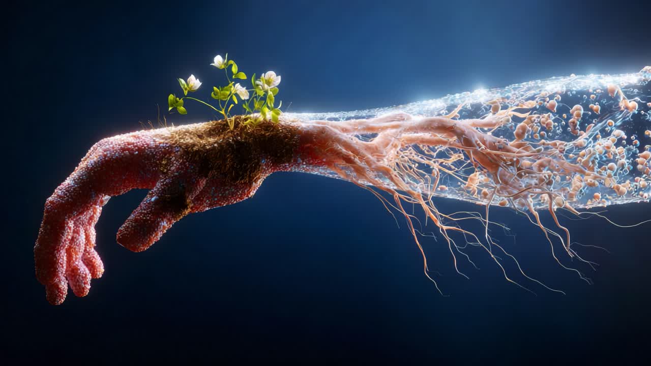 Surreal Imagery of a Hand Evolving into a Natural Element, Infused with Roots and Flowers, Merging Human Form with Nature's Essence and Vibrant Biological Life