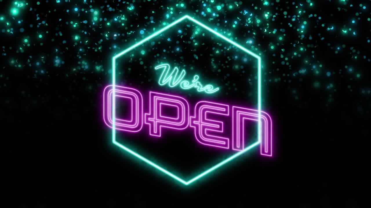 Animation of we are open text over flashing blue light pattern
