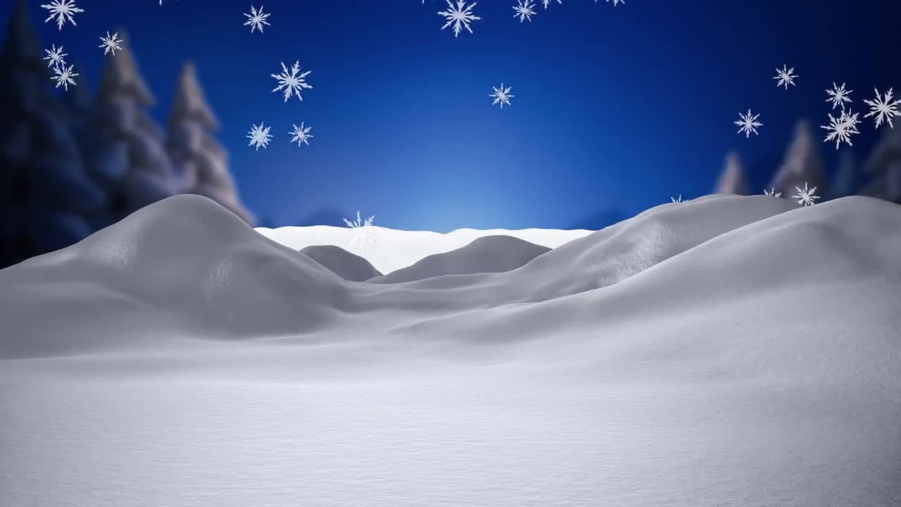 Animation of snow falling over fir trees and winter scenery