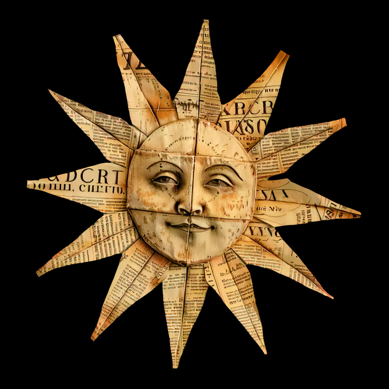 Vintage sun face collage art animation isolated asset, transparent 4K video, alpha channel, ProRes
