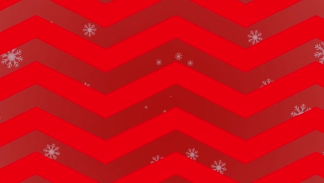 Animación-De-Iconos-De-Copos-De-Nieve-Flotando-Sobre-Un-Patrón-De-Chevron-En-Un-Patrón-Transparente-Sobre-Fondo-Rojo