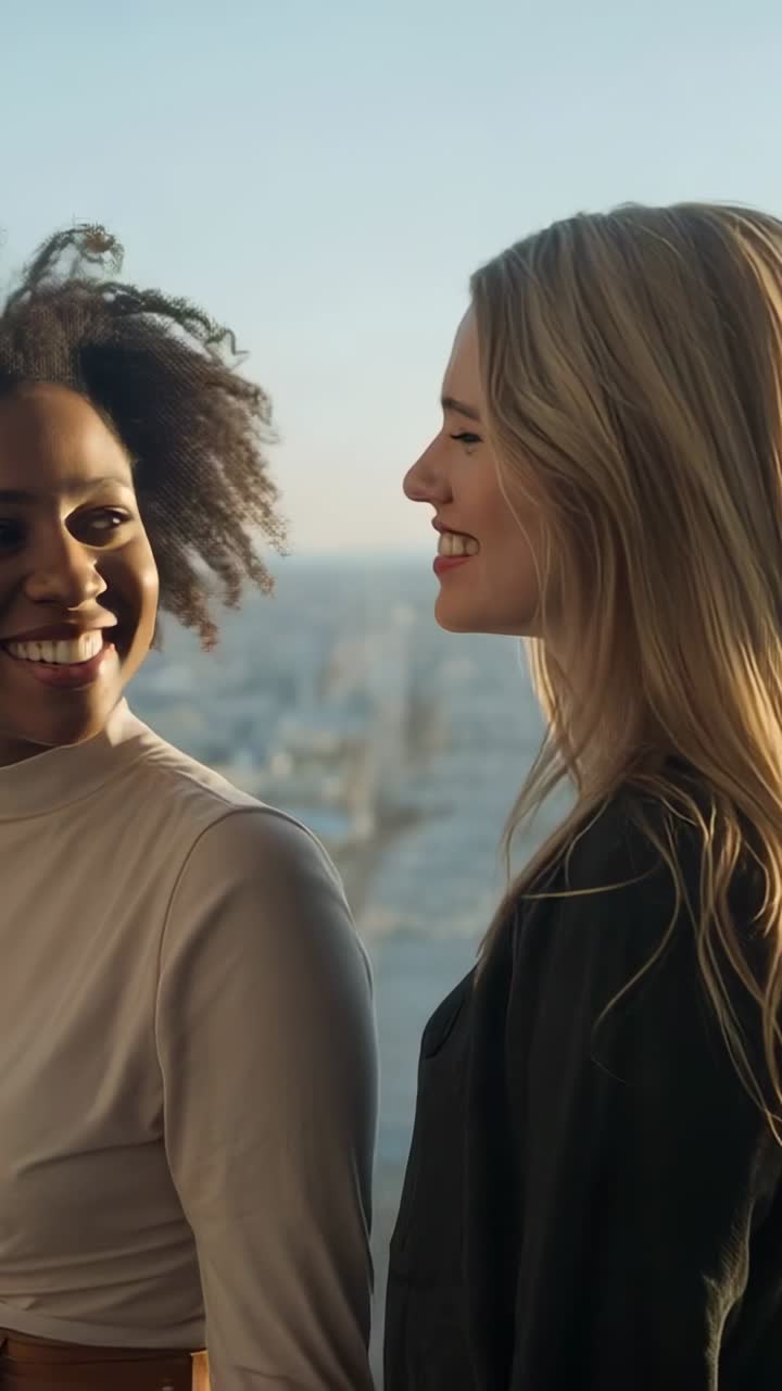 Video verticale: Donna bionda appoggiata con un cappotto scuro che fa ridere l'amica sul tetto, con lo skyline della città.