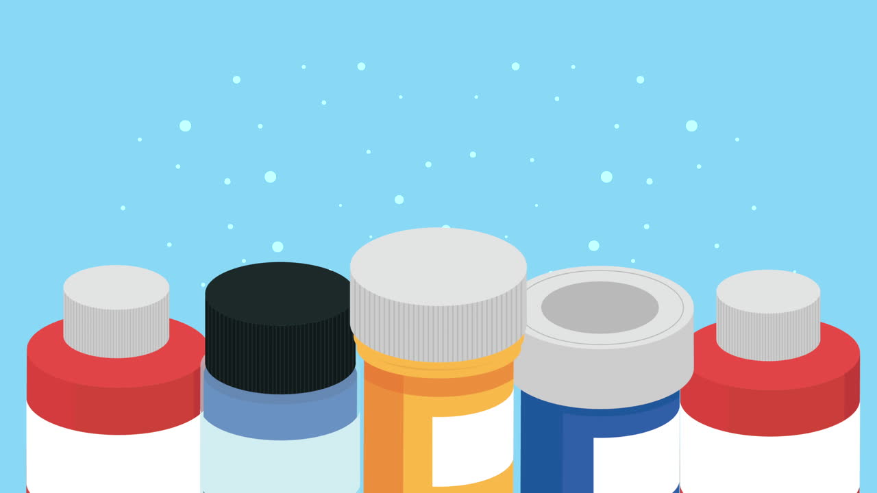 다양한 의약품 병의 이소메트릭 일러스트레이션