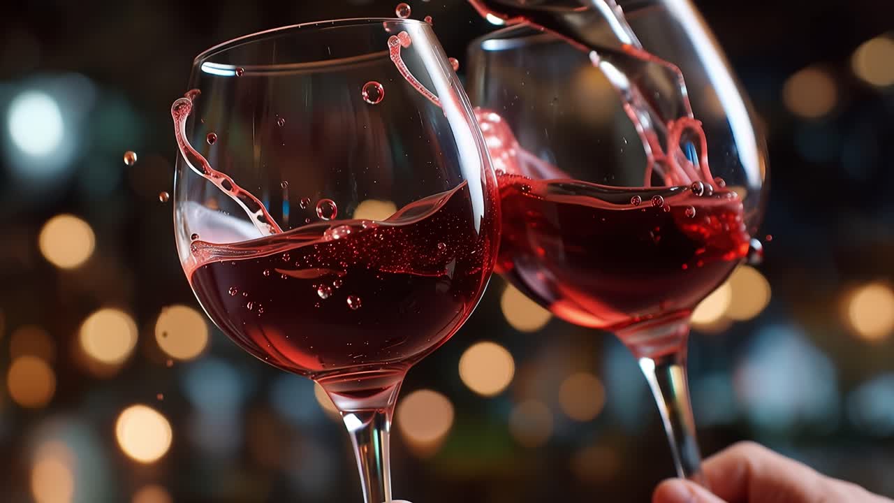El vino tinto salpica vívidamente entre dos copas. Burbujas se elevan mientras el líquido traza arcos a cámara lenta. Luces bokeh brillan suavemente detrás de las copas. El momento captura lujo y celebración.