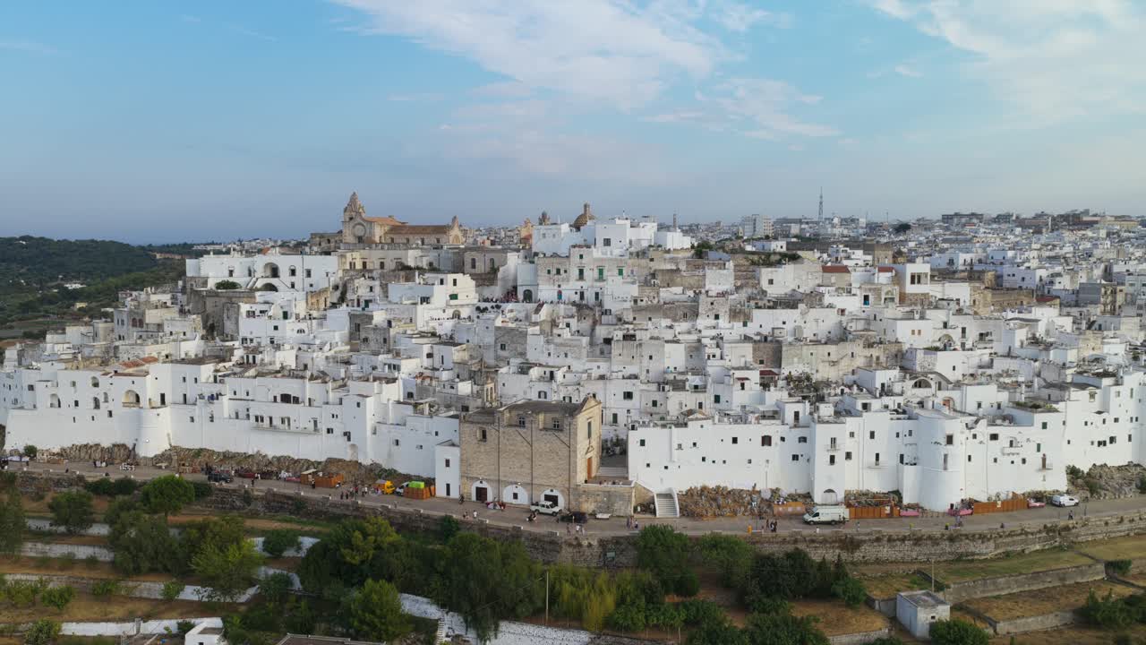 Aerial view of historic Ostuni, White City, Puglia, Italy. Drone ascending