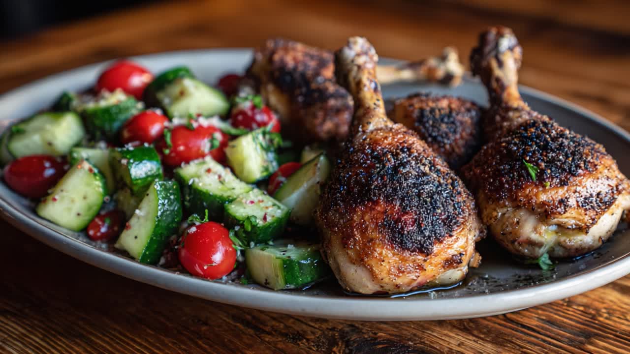 Deliciously Grilled Chicken Drumsticks Served with Fresh Cucumber and Cherry Tomato Salad on a Rustic Wooden Table