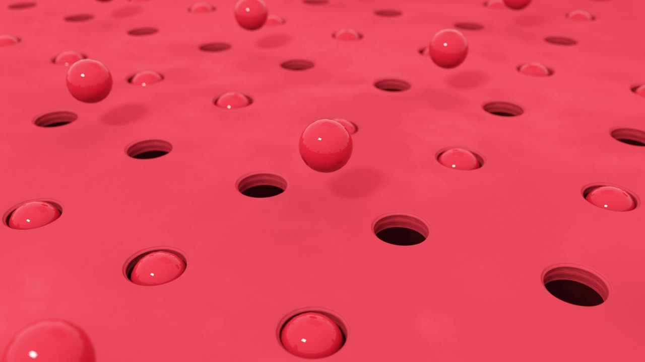 Abstract 3d shapes red balls flying in holes in different pastel colors. 4K computer rendering loop animation.