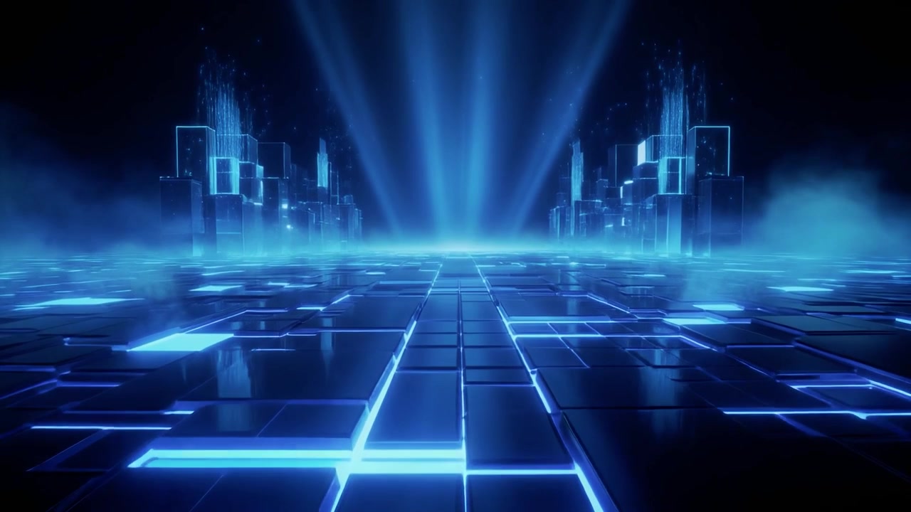 Futuristic Digital Cityscape with Glowing Blue Geometric Floor