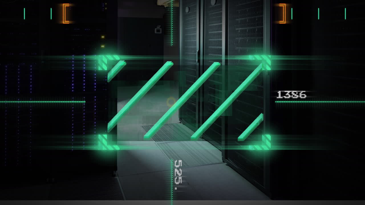 Animation of green scanner scanning against empty computer server room