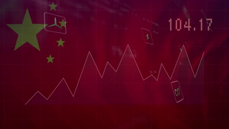 animation of data processing and multiple digital icons against waving china flag