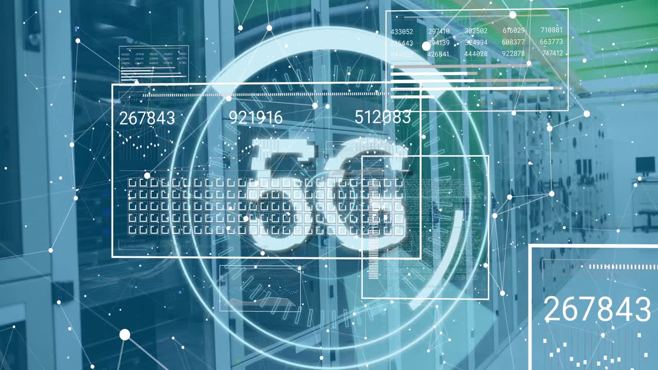 animación del escaneo de alcance con procesamiento de texto y datos 5g sobre la sala del servidor