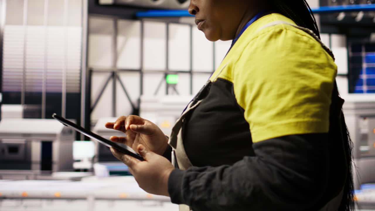 Vertical video Engineer in smart solar manufacturing facility calibrating high tech machinery