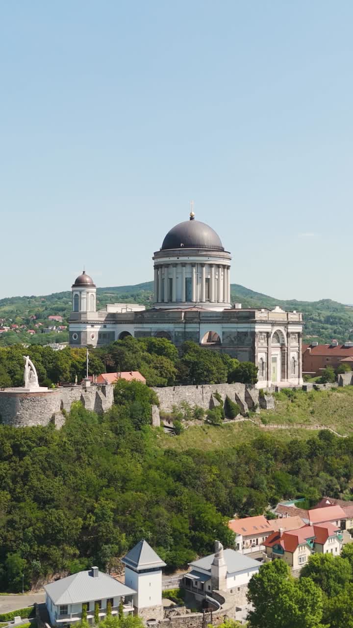 Vertical aerial of Esztergom Basilica in Hungary, highlighting the Statue of the Coronation of Saint Stephen