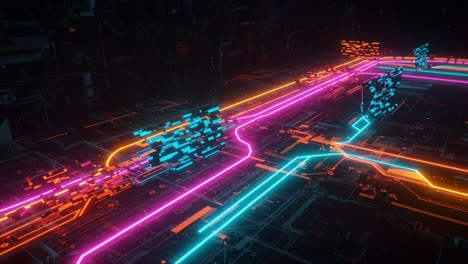 a stunning visual representation of a futuristic circuit with neon lights and dynamic shapes conveying the essence of technology and innovation
