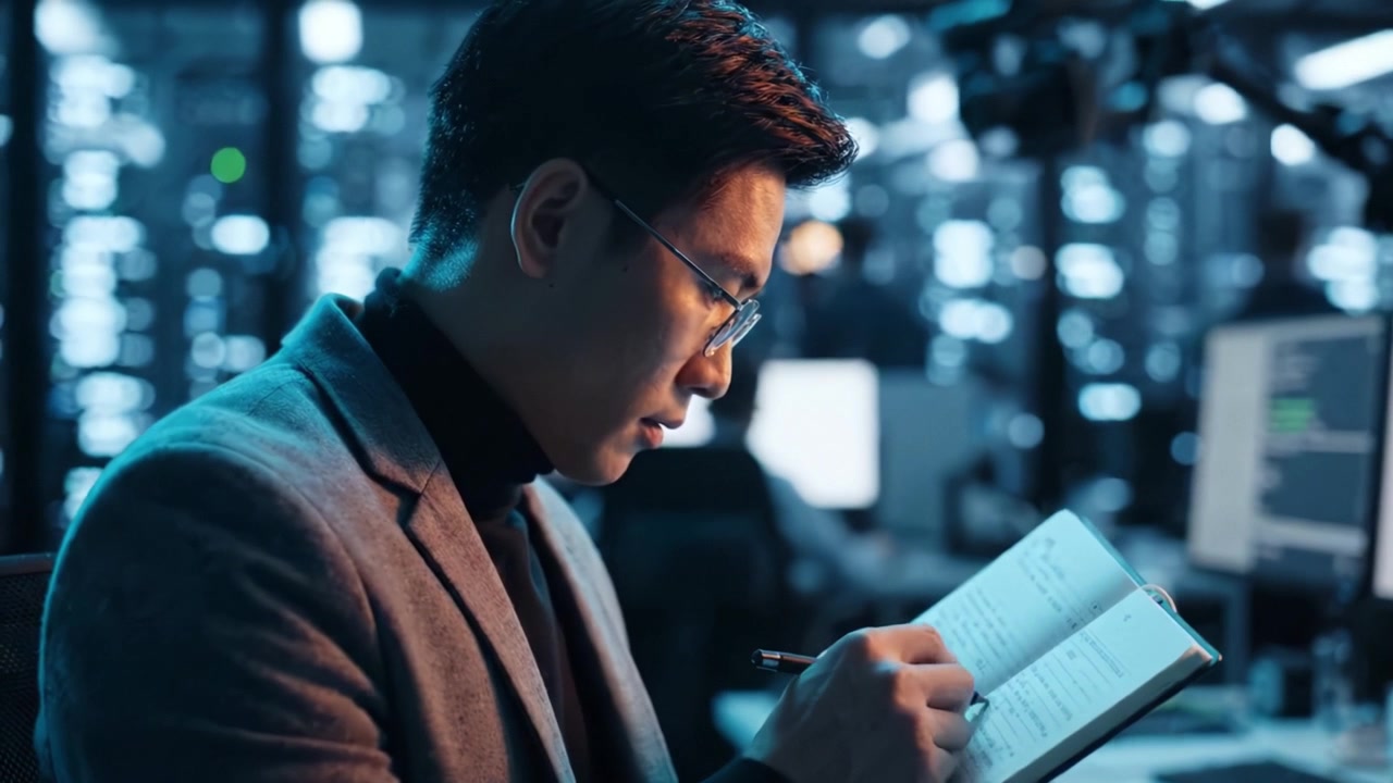 Focused Professional Analyzing Data and Taking Notes in a High-Tech Office Environment with Advanced Computer Screens and a Modern Aesthetic