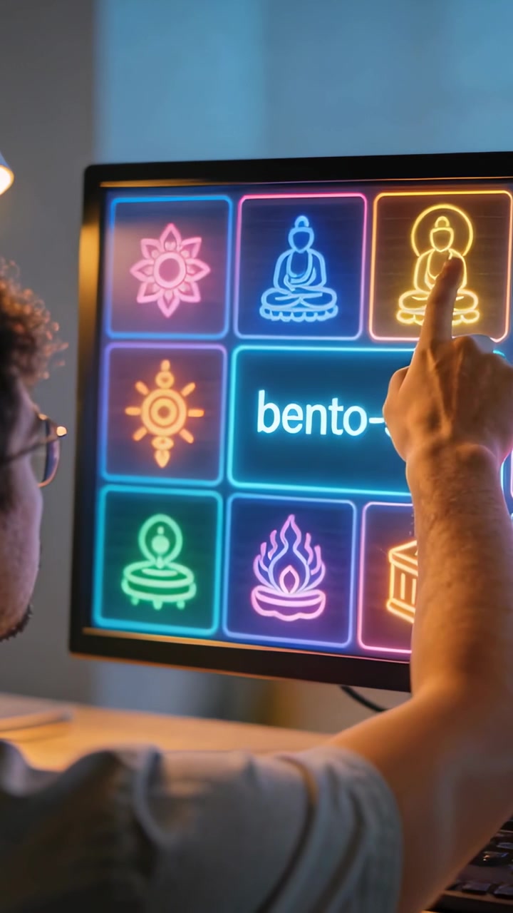 Video verticale: Uomo che tocca e osserva una griglia al neon alla scrivania, attivando l'icona di una figura seduta sul monitor