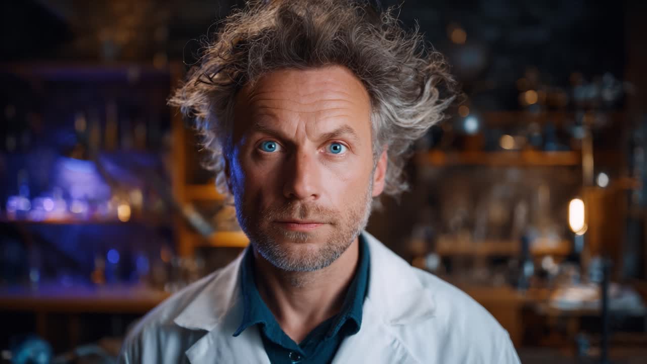 En nysgerrig videnskabsmand med vildt hår og fængslende blå øjne i et laboratorium fyldt med glas og instrumenter, der indfanger essensen af videnskabelig udforskning
