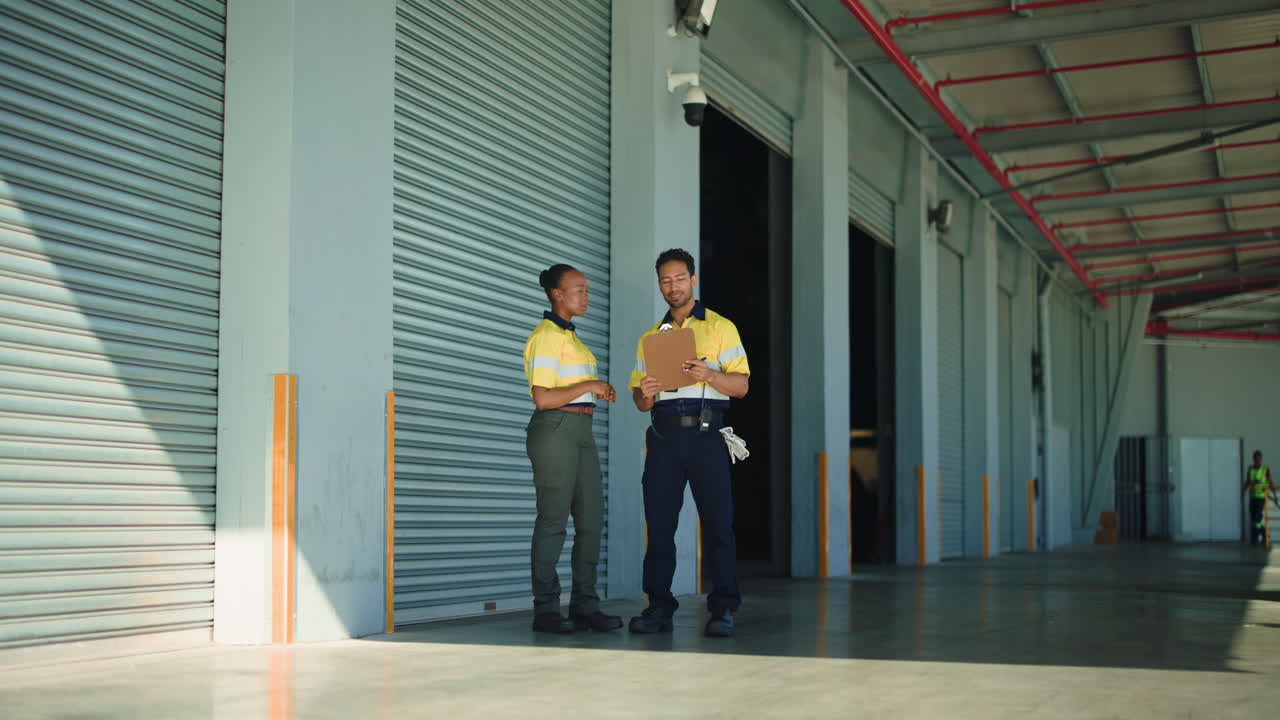 Two Warehouse Workers Discussing Logistics with Clipboard at Loading Dock