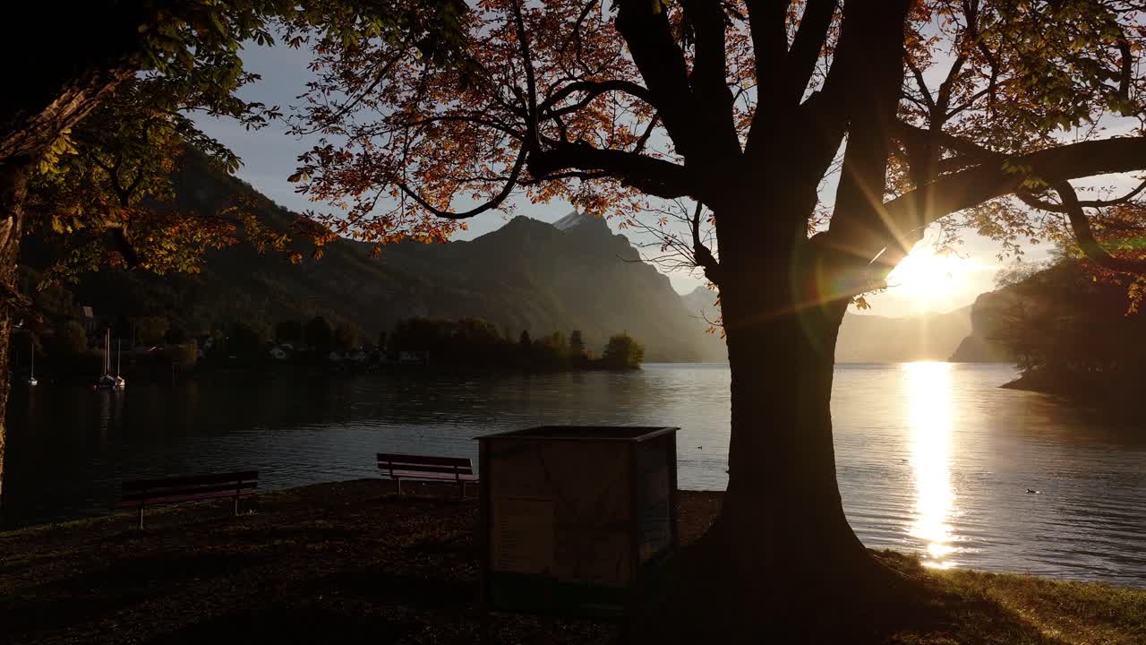 Breathtaking view of a park overlooking a lake with beautiful mountains in the background, creating a natural frame.