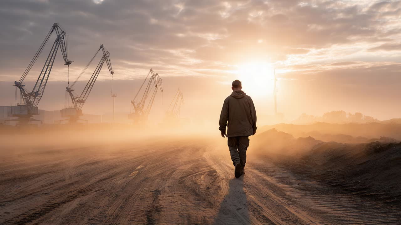 Man Walking Towards Cranes at Sunset