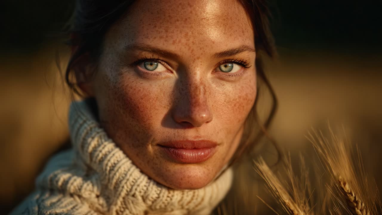 Captivating Portrait of a Young Woman with Freckles and Striking Blue Eyes in a Field of Wheat, Bathed in Warm Natural Light
